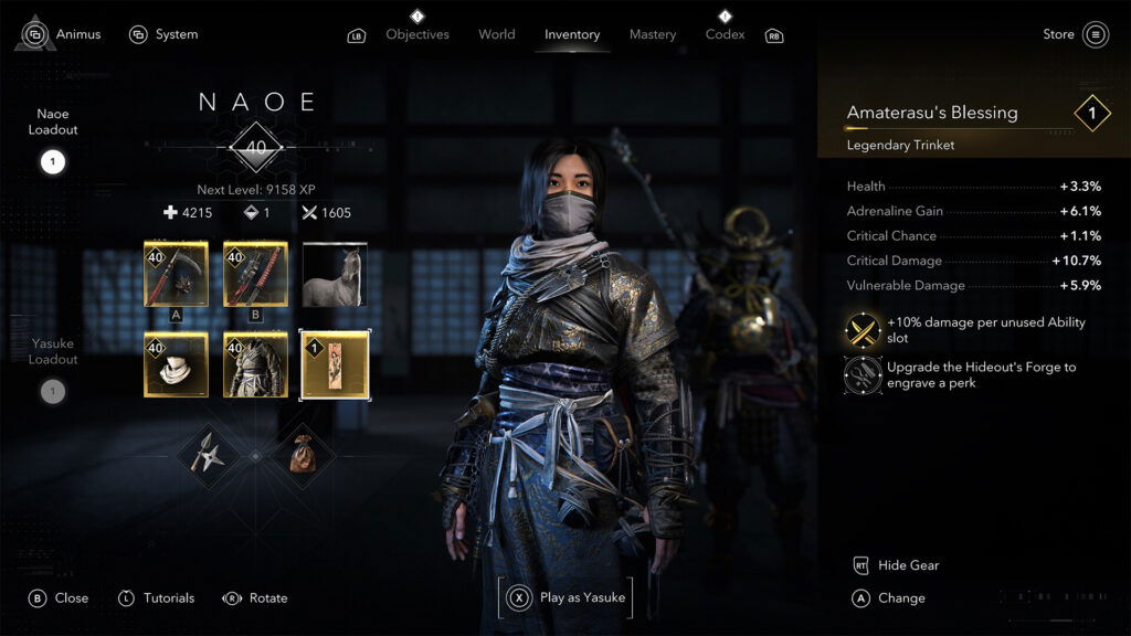 Screenshot of the inventory from Assassin's Creed: Shadows
