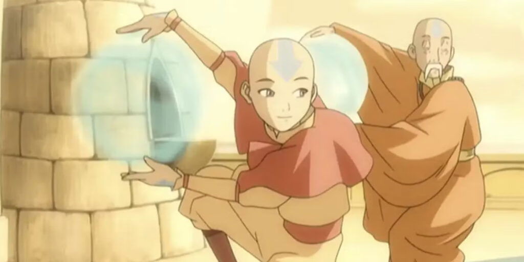 Aang practising airbending with Gyatso