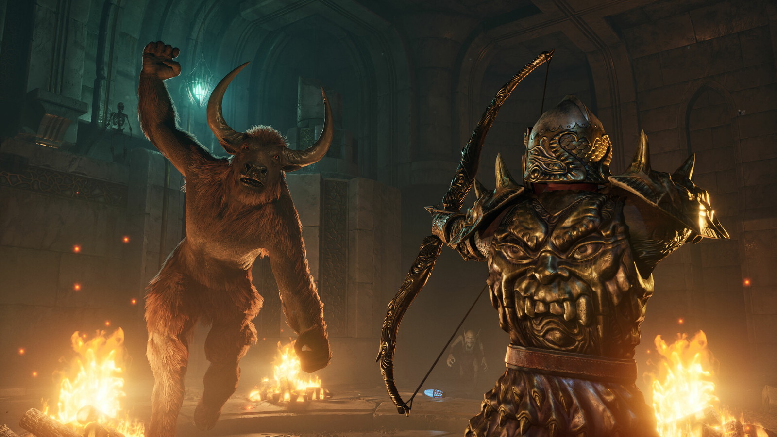 The Elder Scrolls 4: Oblivion Remaster gameplay screenshot showing a player reading their bow-and-arrow as a Minotaur charges toward them.