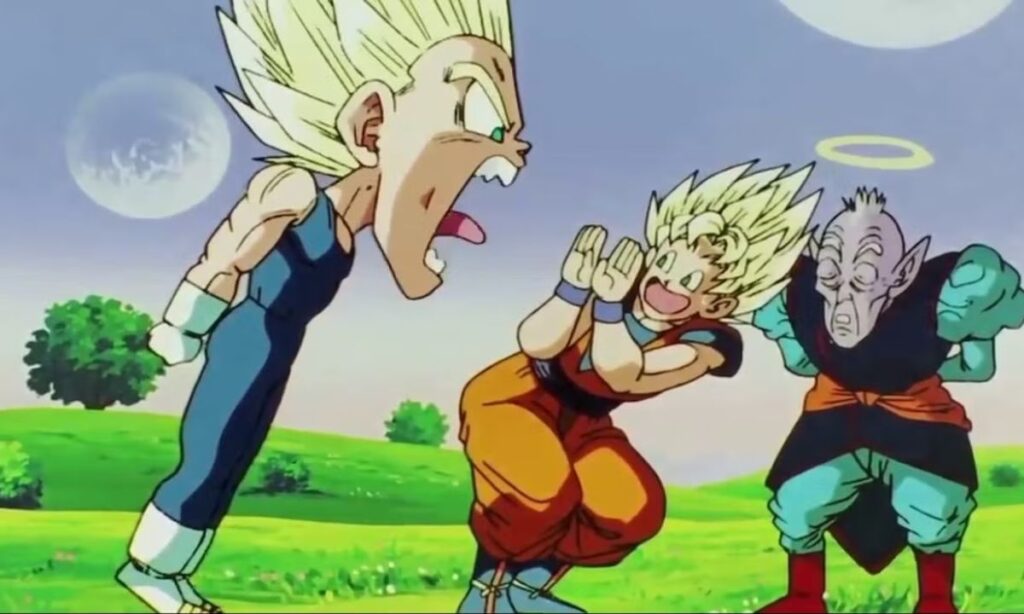Vegeta yells at Goku. 