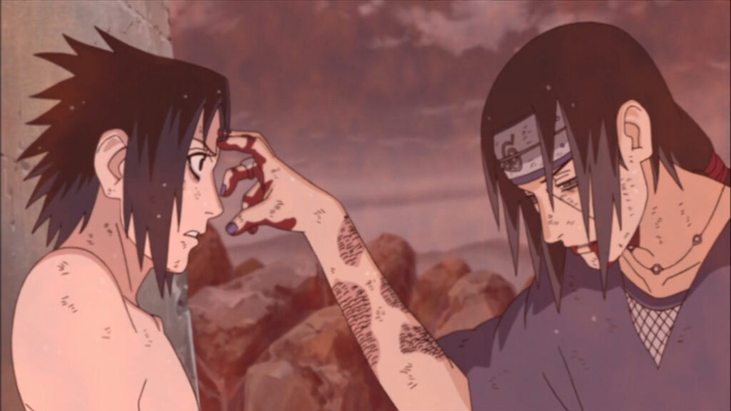 Itachi pokes Sasuke's forehead in Naruto