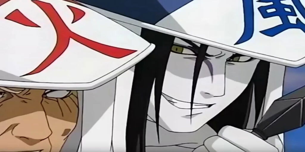 Orochimaru holding a kunai knife while threatening the Third Hokage, Hiruzen Sarutobi, disguised as the Fourth Kazekage.