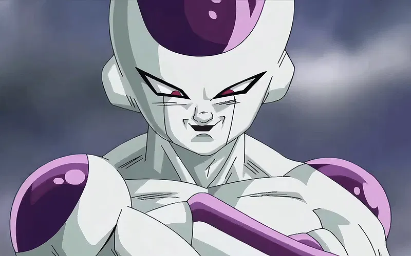 Frieza smiles menacing in Dragon Ball Z.