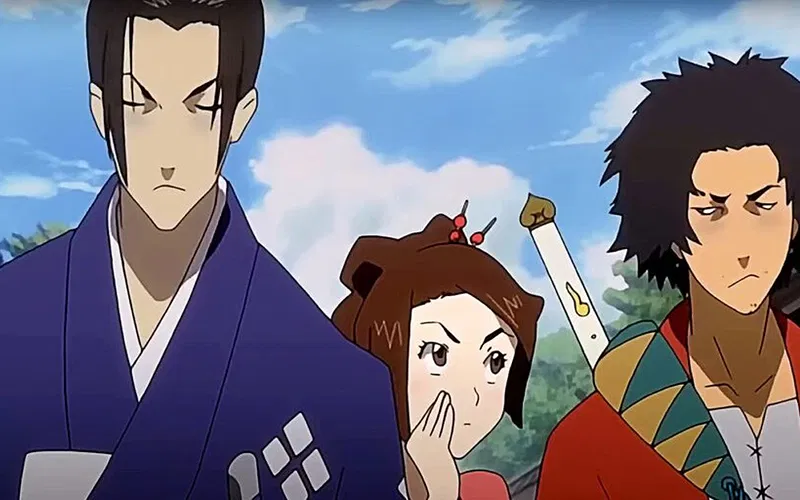 jin and mugen walks as fuu emerges between them, whispering things in samurai champloo