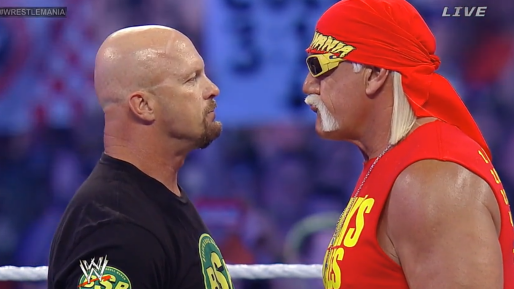 Steve Austin face to face with Hulk Hogan . 