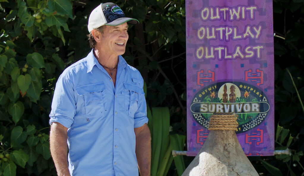 Jeff Probst is talking to Survivor players.