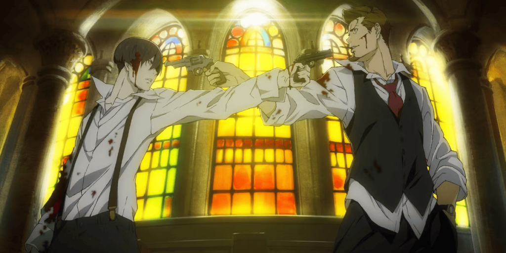 Angelo and Nero pointing their guns at each other on 91 Days' poster.