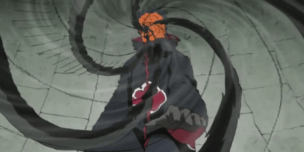 Obito uses Kamui to enter a different dimension in Naruto.