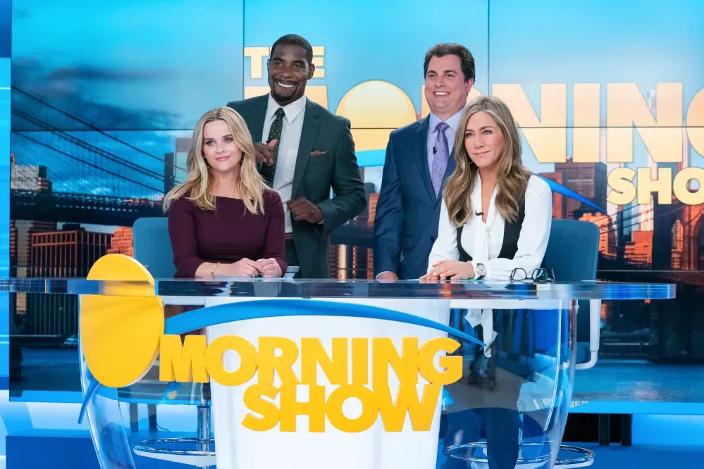 Reese Witherspoon and Jennifer Aniston in a still from The Morning Show 