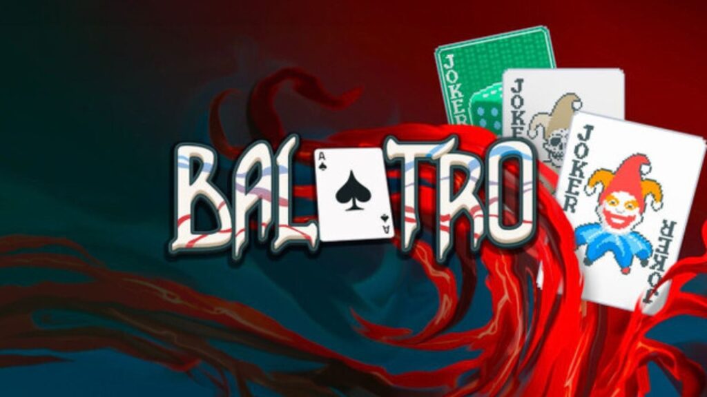 Poster of Balatro showing the title, the joker cards and ace