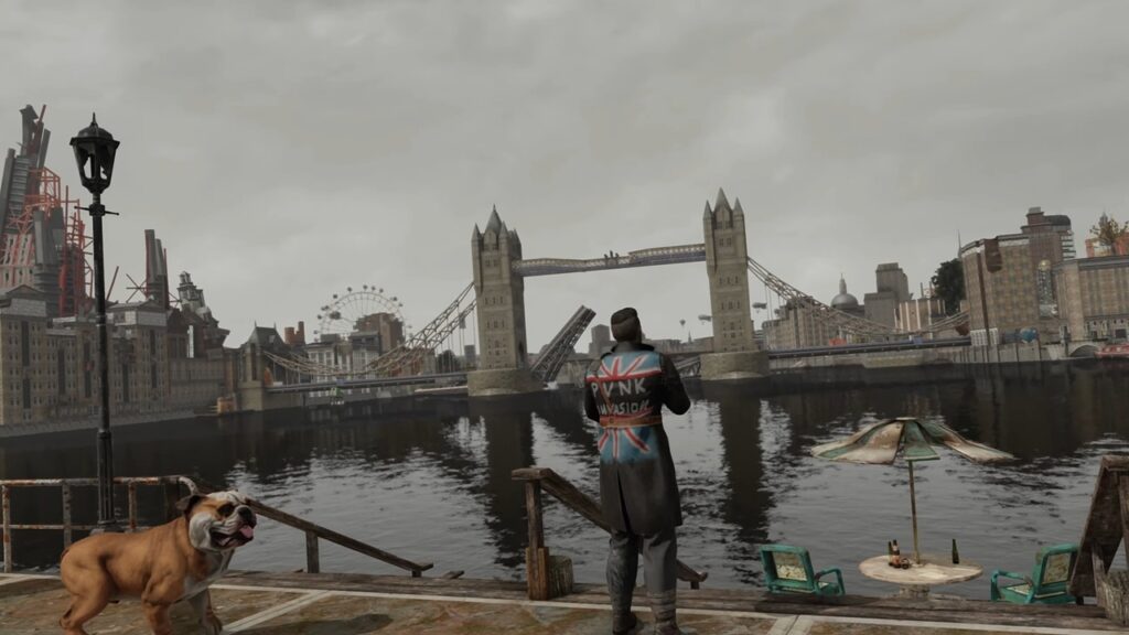 A screenshot from Fallout: London of a player standing at a dock, taking in the view of the city in its post-apocalyptic state.