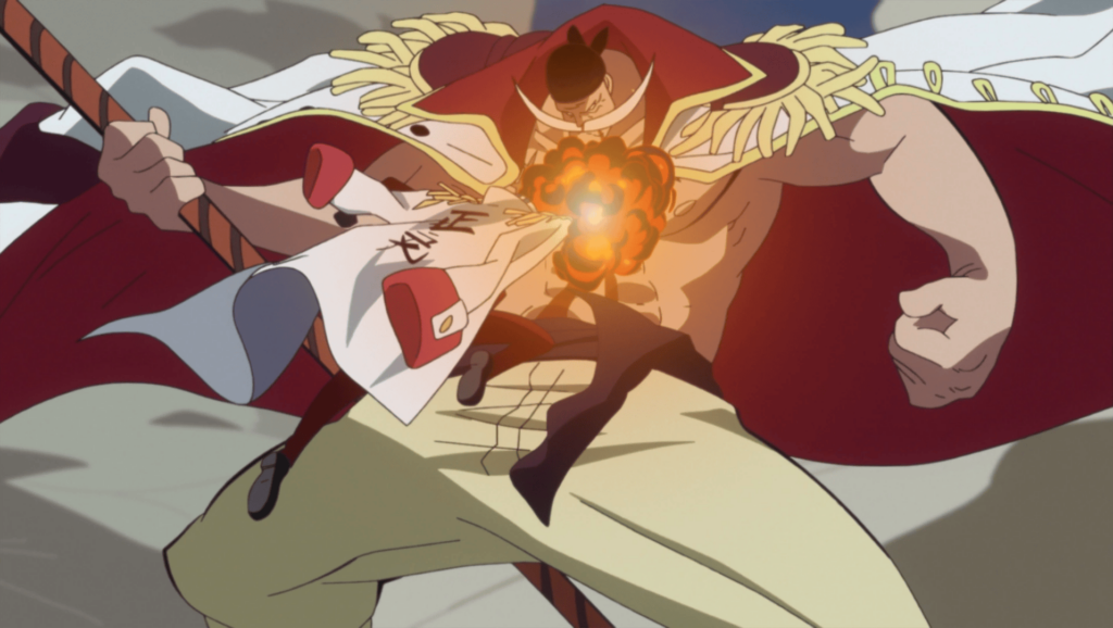 Akainu attacks Whitebeard in One Piece.