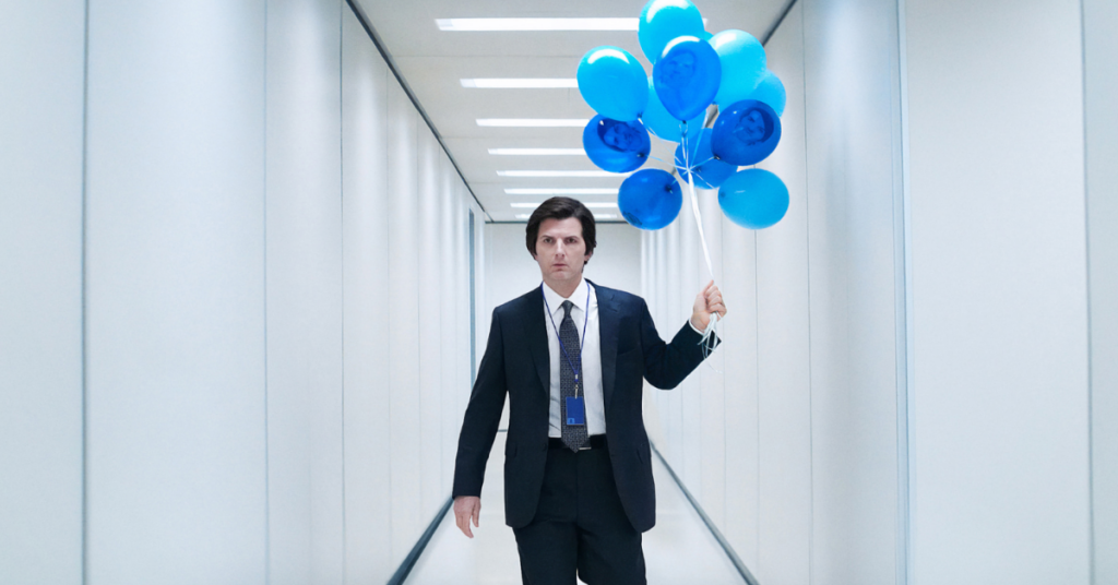 Apple TV+’s ’The Studio’ Turns Beyonce’s Animated Reaction to Winning a Grammy Into Satire Gold and It Might Be Their Best Bit Yet 2 Adam Scott carrying a bunch of ballons.