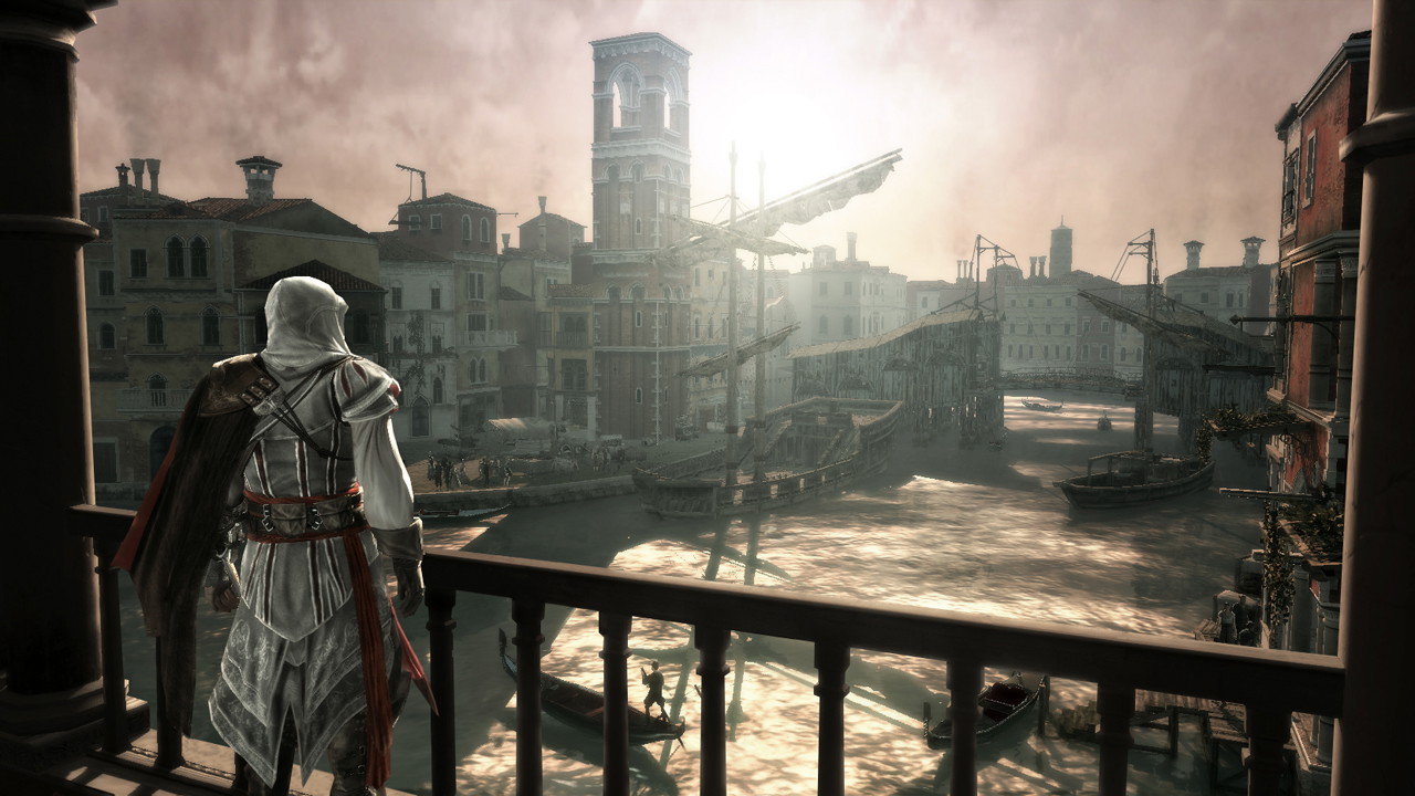 The image shows Ezio looking at the city in Assassin's Creed 2