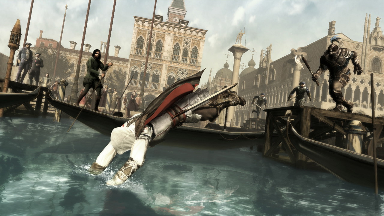 The image shows Ezio diving into the water to escape in Assassin's Creed 2