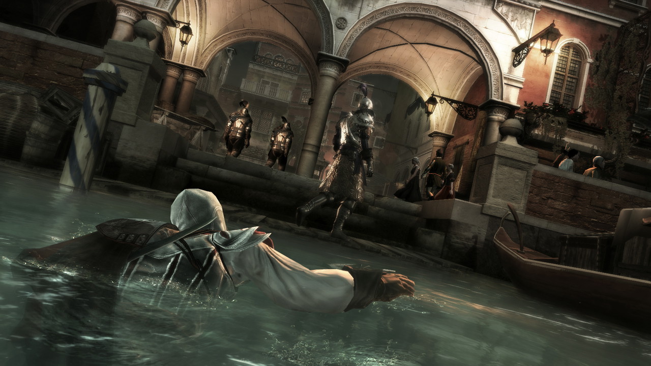 The image shows Ezio sneaking around in Assassin's Creed 2