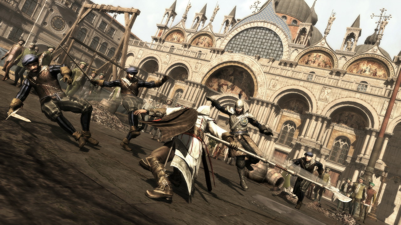 The image shows Ezio fighing guards in Assassin's Creed 2