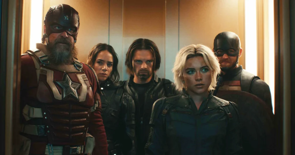 Thunderbolts* Losing Millions of Dollars Exposes 1 Big Problem for Kevin Feige After OG Avengers Left MCU 1 All the Thunderbolts* characters in an elevator.