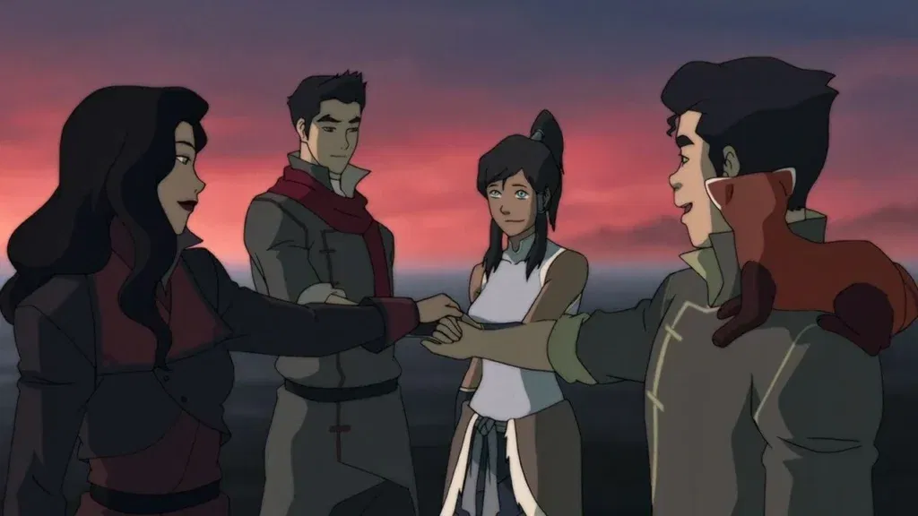 Asami Sato, Mako, Korra, and Bolin in a still from The Legend of Korra