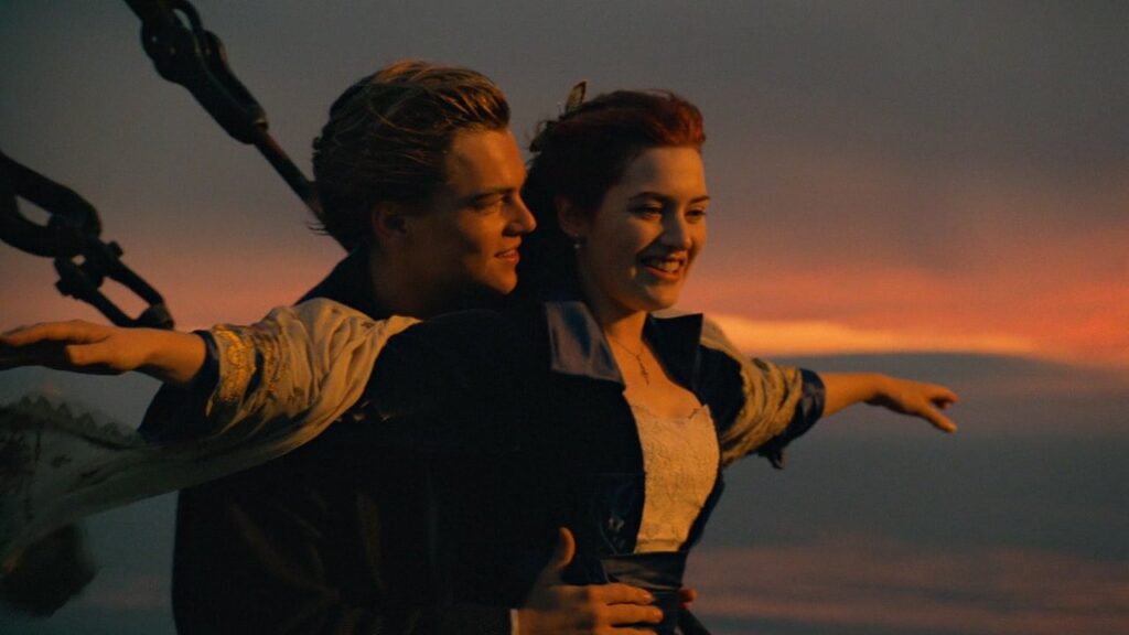Leonardo DiCaprio and Kate Winslet in the famous bow scene in the movie Titanic