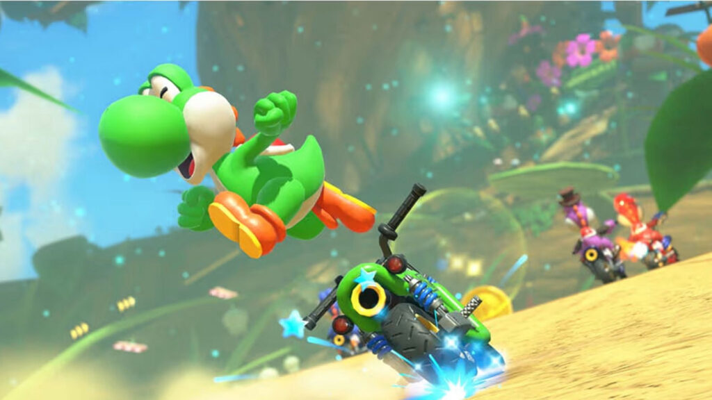 Call Off the Skepticism - Mario Kart World Just Got 10 Hours Deeper Thanks to One Obsessive Racer 9 Yoshi jumping off his bike in Mario Kart World.