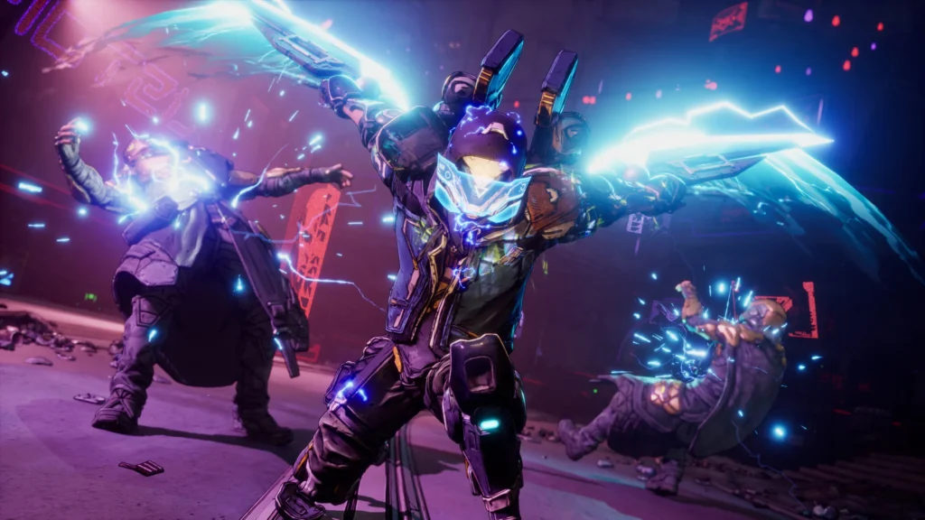 A Borderlands 4 character attacking with electric blades on their arm.