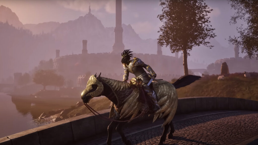 The image shows a player riding a horse in Oblivion Remastered
