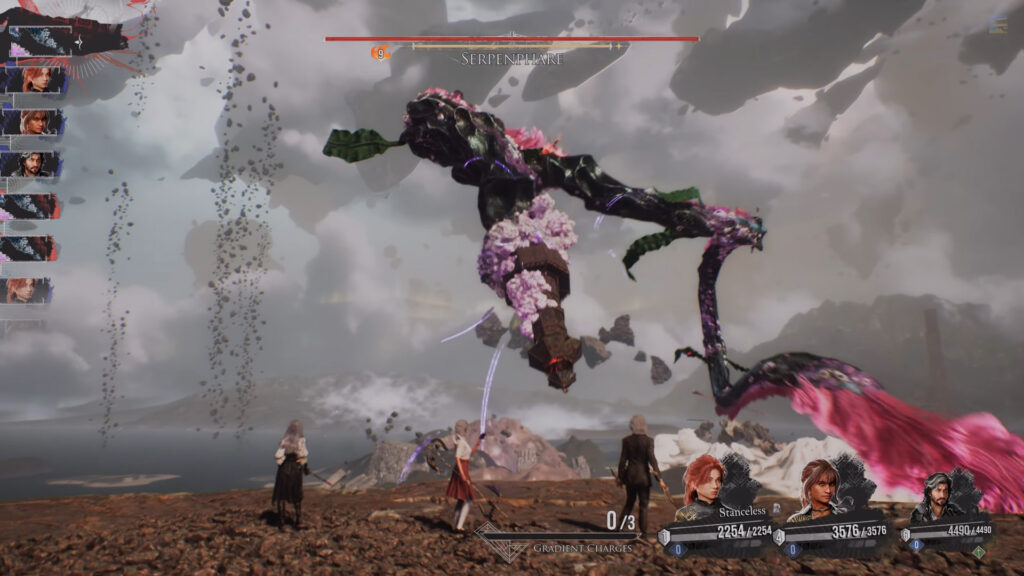 An image showing the gameplay of a boss fight with Serpenphare in Clair Obscur: Expedition 33.