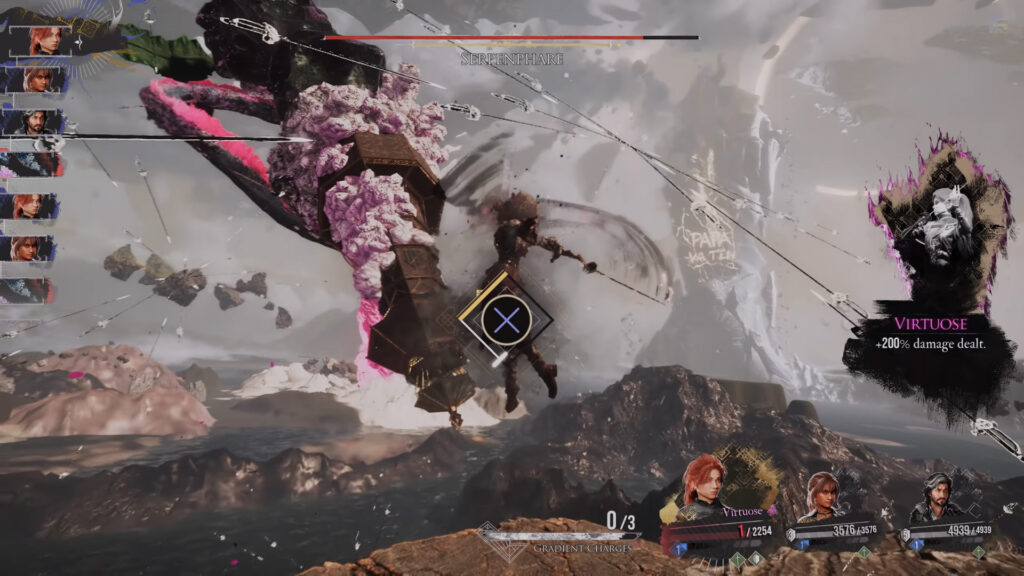 An image showing the gameplay of a boss fight with Serpenphare in Clair Obscur: Expedition 33.