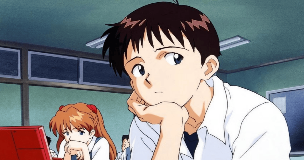 Shinji looking out his class window with Asuka behind him in Neon Genesis Evangelion.