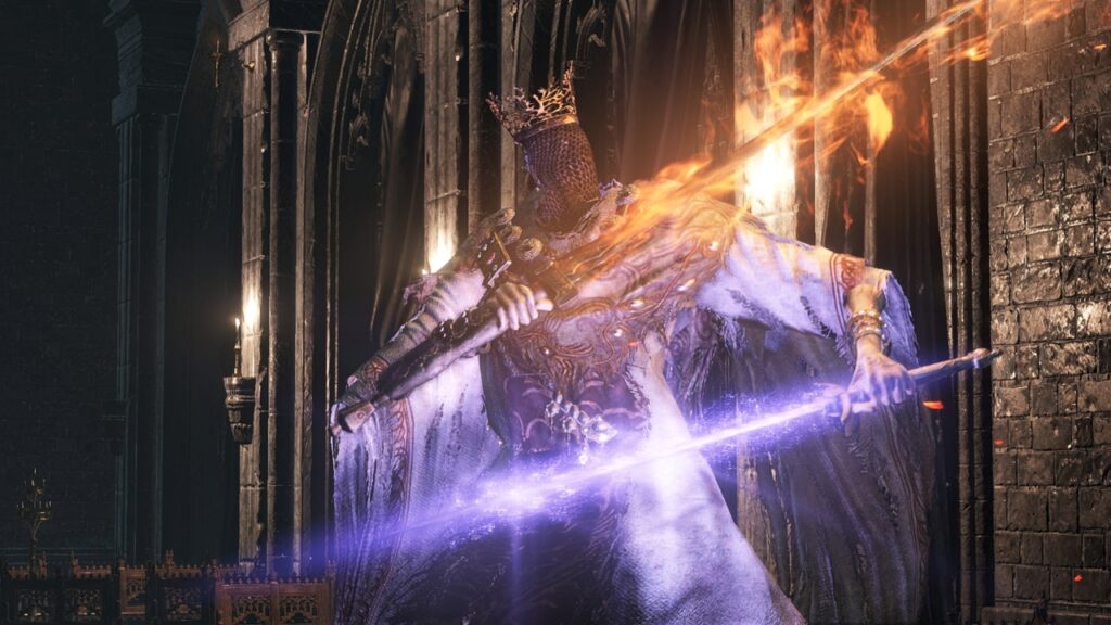 Dark Souls 3 screenshot featuring boss Pontiff Sulyvahn assuming a combat stance.