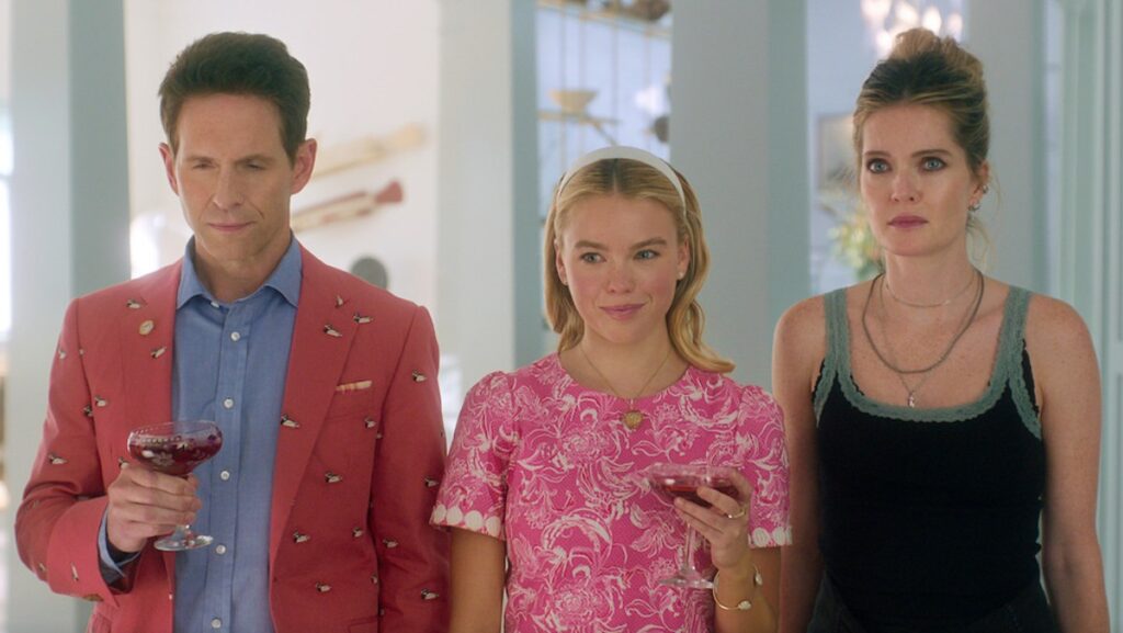 Glenn Howerton, Milly Alcock, and Meghann Fahy in a still from Sirens 