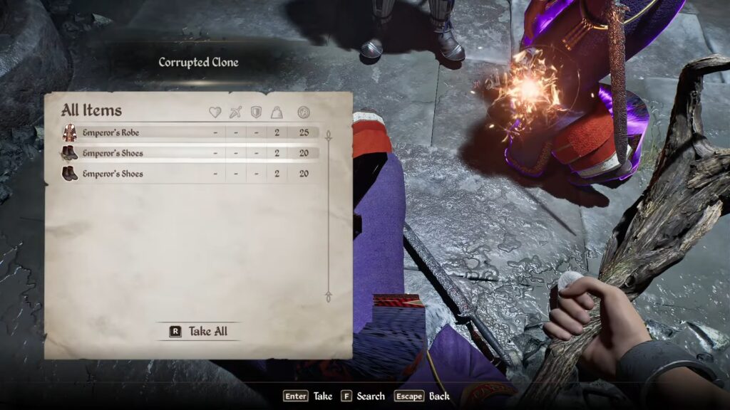 Looting the clone's corpse