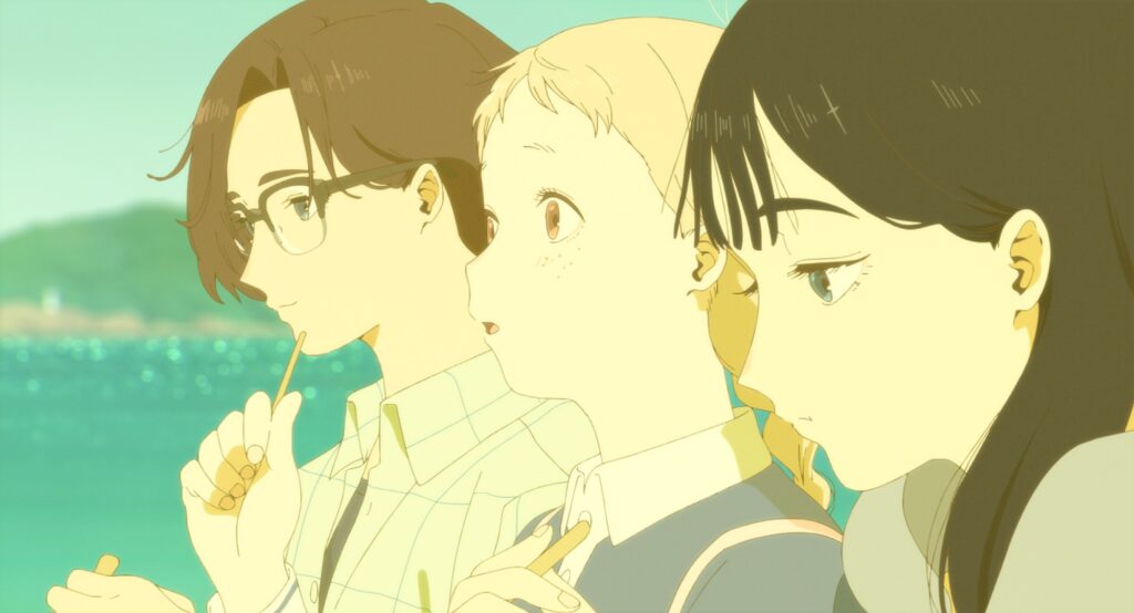 The 93% Rated Movie That Made Makoto Shinkai Jealous Deserves to Be On Netflix — Where Is It Streaming? 17 Still from from The Colors Within showing the three main high school characters sitting by the seaside.