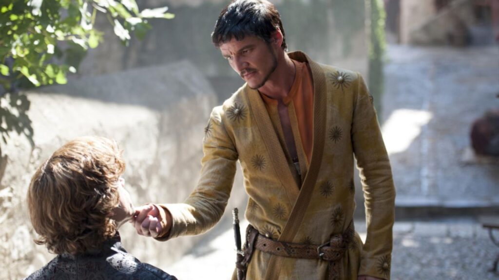 A still from Game of Thrones featuring Pedro Pascal and Peter Dinklage