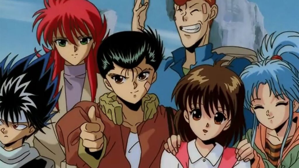 This image features the main characters from the YuYu Hakusho anime series and the characters shown are (left to right) Hiei, Kurama, Yusuke Urameshi, Kazuma Kuwabara, Keiko Yukimura, and Botan