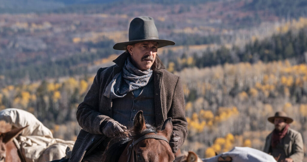 Kevin Costner's Hayes Ellison riding on a horse in Horizon: An American Saga