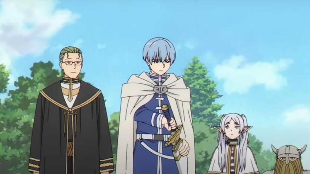 Himmel is putting away his sword and his party members are standing behind him