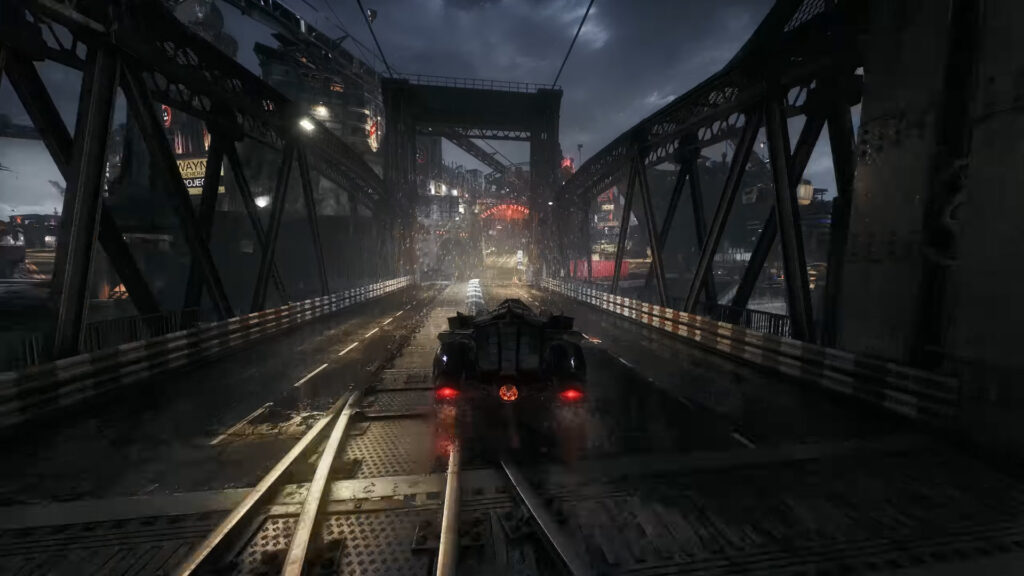 The image shows the batmobile gameplay in Batman: Arkham Knight