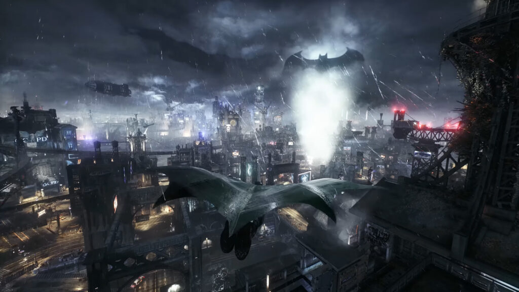 The image shows the bat signal in Batman: Arkham Knight 