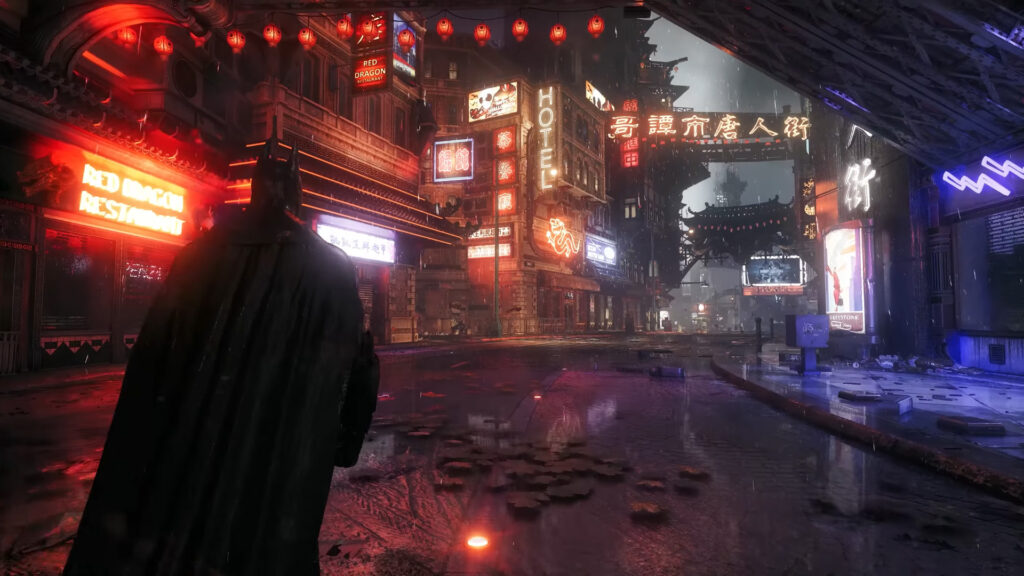The image shows the batman walking in Batman: Arkham Knight