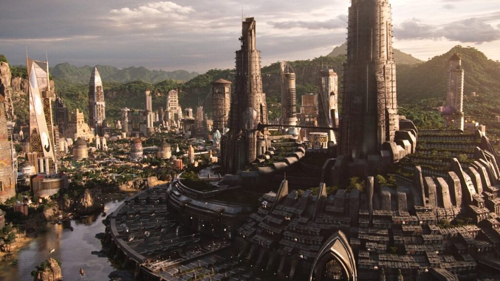 A scene from the Black Panther movie showcasing the kingdom of Wakanda.