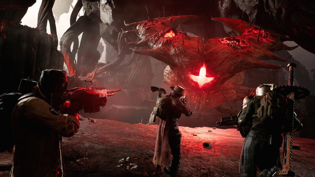 Screenshot of a squad of three shooting a monster in a Soulsborne clone called Remnant 2