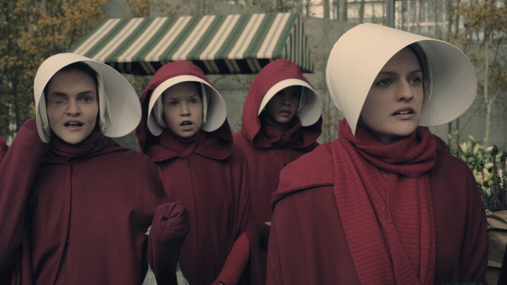 The Handmaid's standing together with June, looking somewhere.