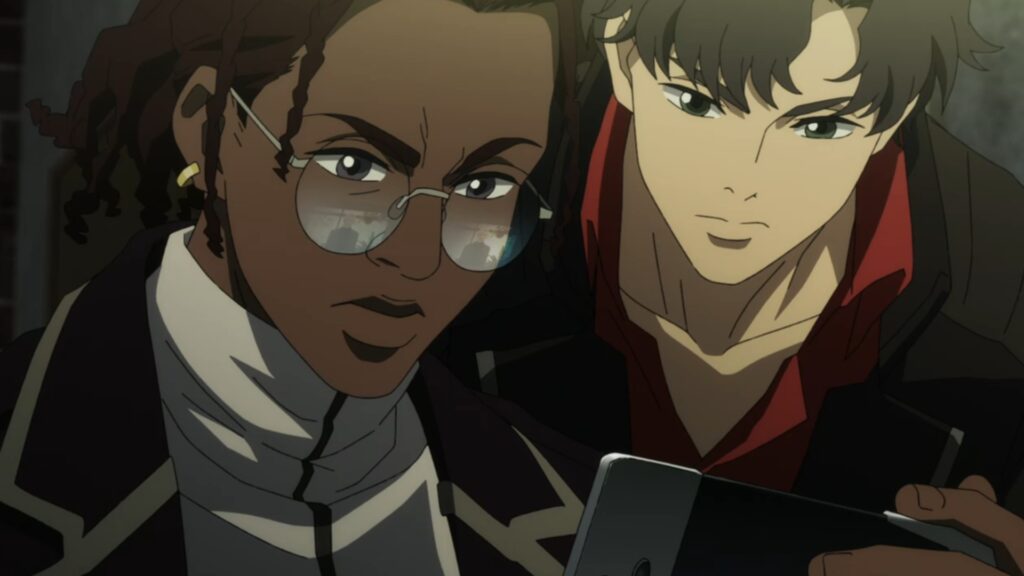 'John Wick' Director Couldn't Save 'Lazarus' From Its One Major Flaw 7 Doug and Axel arre looking at a phone screen in Lazarus anime