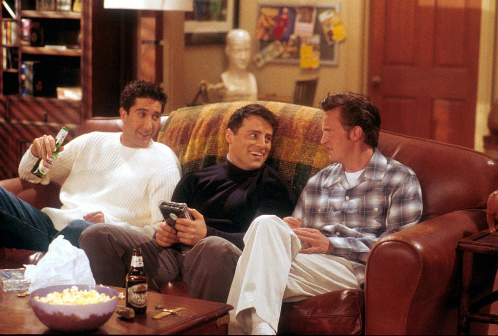 FRIENDS Subtly Revealed That Chandler’s Self-Sabotage Habit Was His Only Real Competition in Dating 1 David Schwimmer, as Ross, Matt LeBlanc, as Joey, and Matthew Perry as Chandler