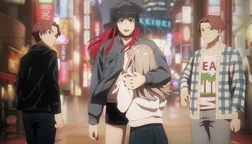 Tsubaki hugs Shizuka as the Sakaki twins look on.