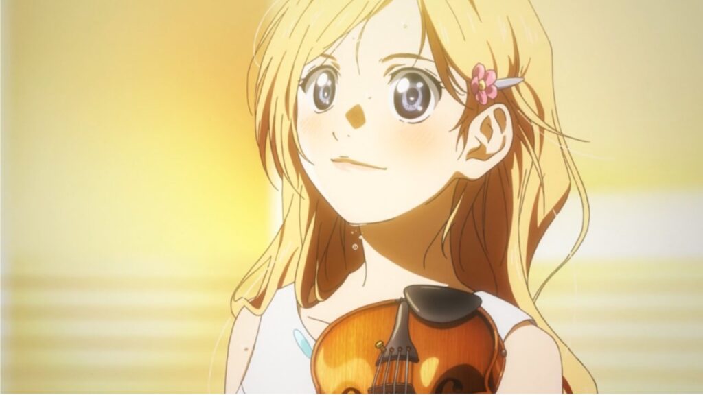 Kaori looks beautiful and her cheeks are red in a still from Your Lie in April