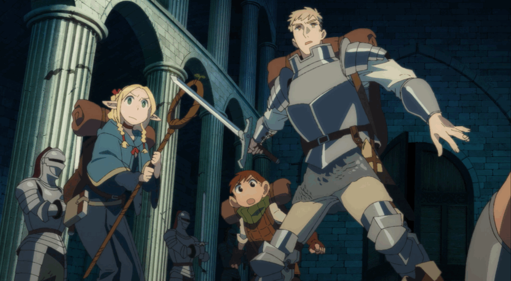 Main characters from Delicious in Dungeon in an action sequence 