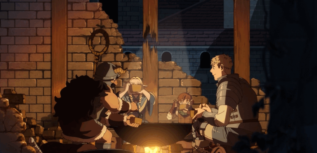 Main characters from Delicious in Dungeon having a meal together